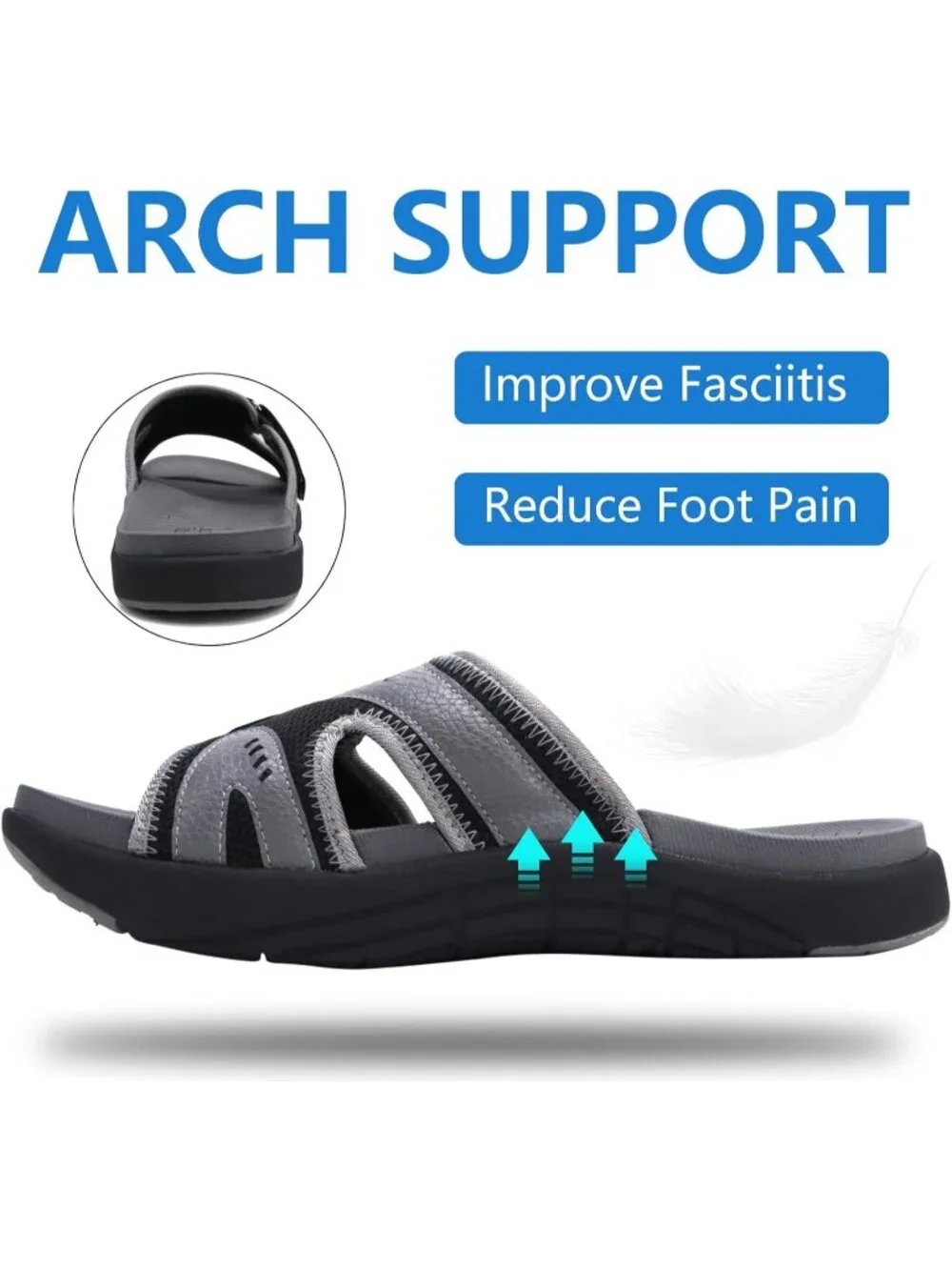 Men Grey Black Sport Recovery Sandals Plantar Fasciitis Soft Cushion Lightweight